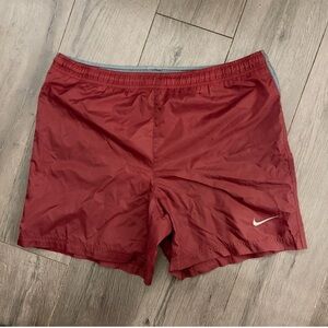 Vintage 90s Nike Men's Maroon Athletic Swim Shorts with Swoosh